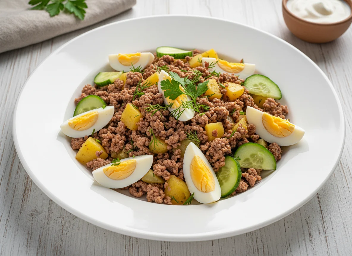 Мясной фарш с картофелем, яйцом и огурцами photo