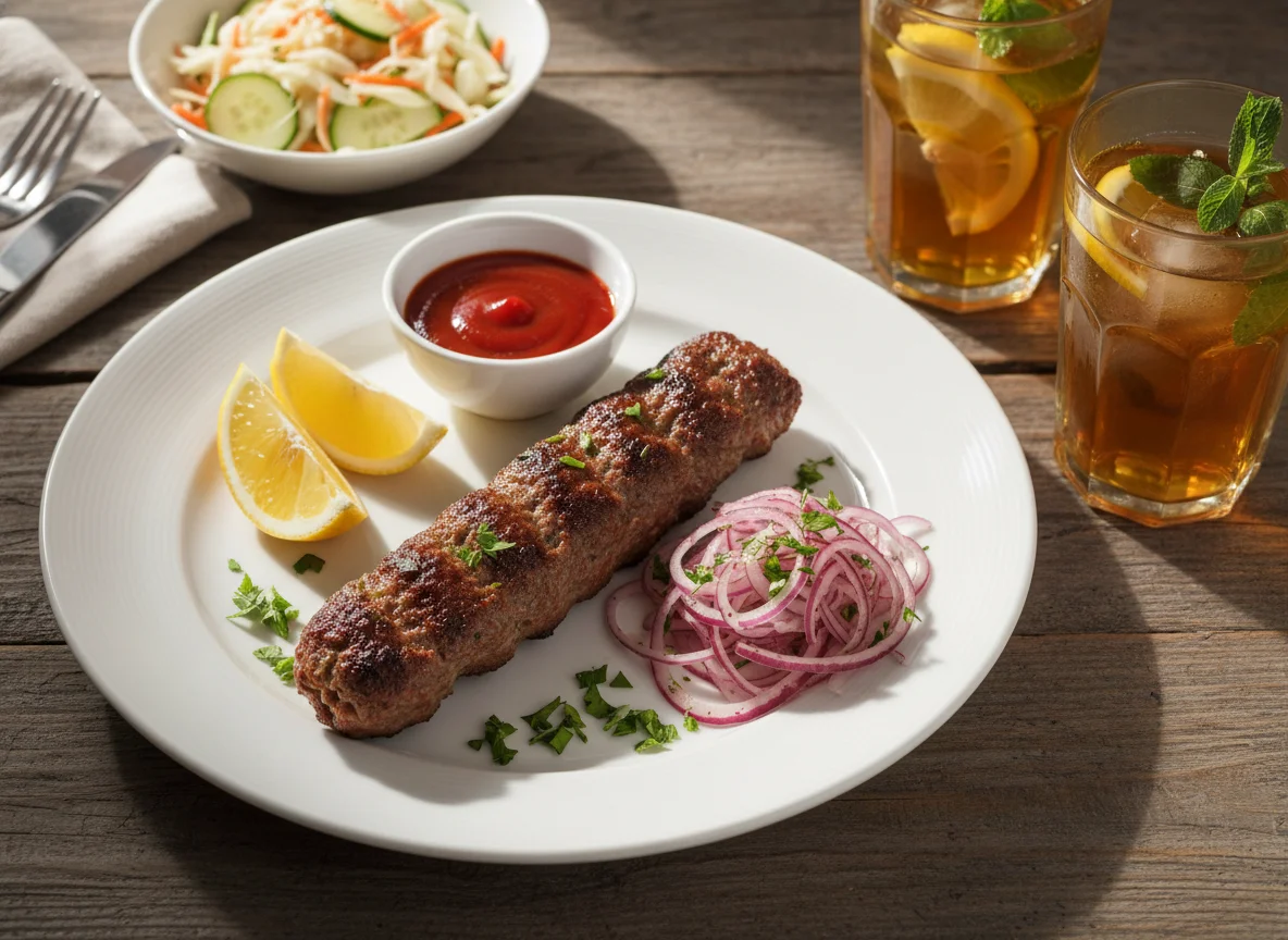 Мясной кебаб с салатом и напитком photo
