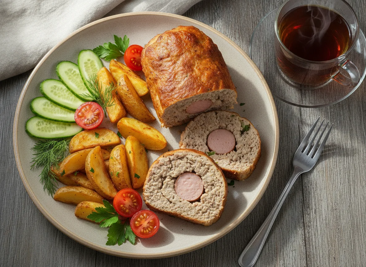 Мясной рулет с картофелем и овощами photo