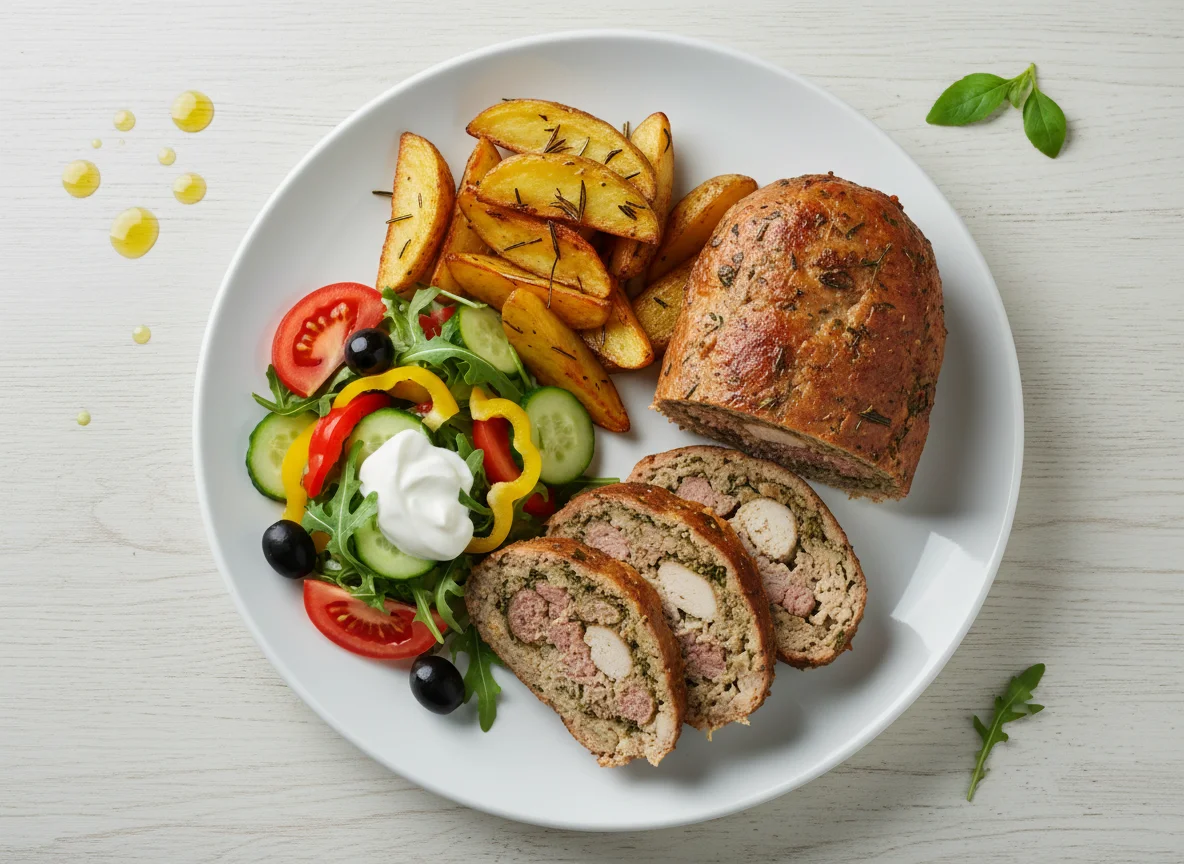 Мясной рулет с картофелем и овощным салатом photo