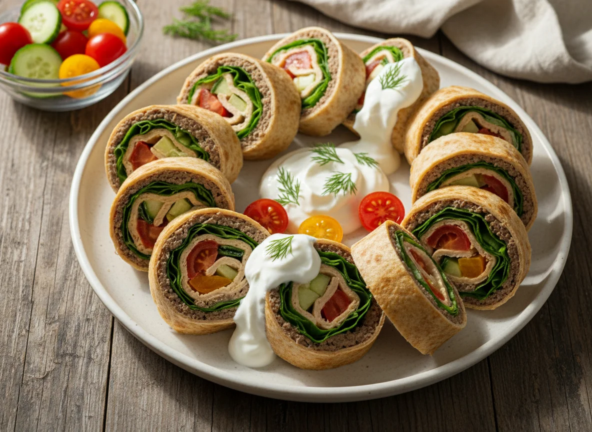 Мясной рулет с овощами и соусом photo