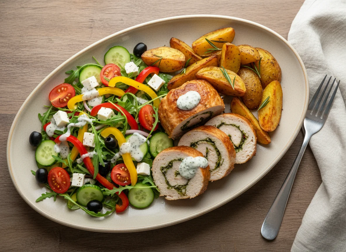 Мясной рулет с запеченным картофелем и овощным салатом photo