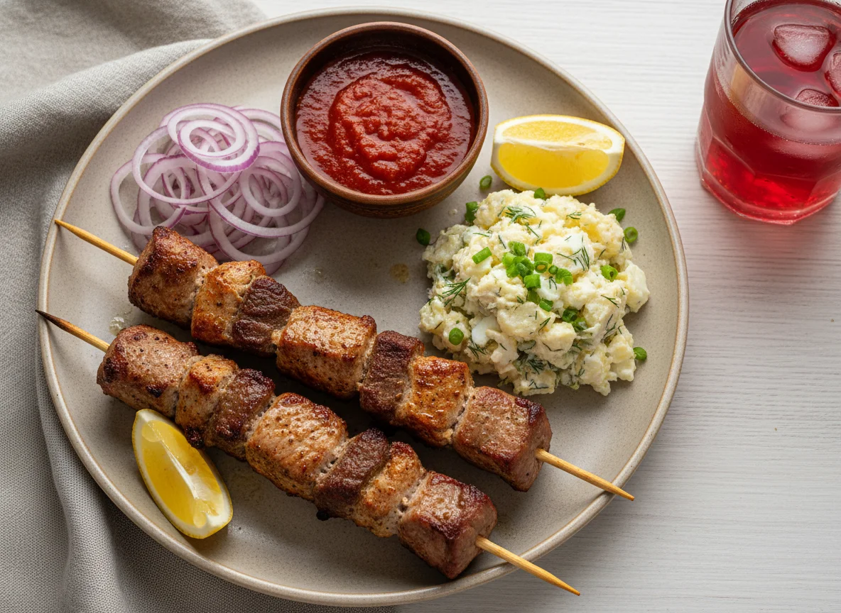 Мясной шашлык с картофельным салатом и напитком photo