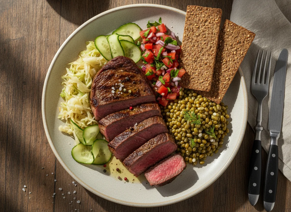 Мясной стейк с гарниром и салатом photo