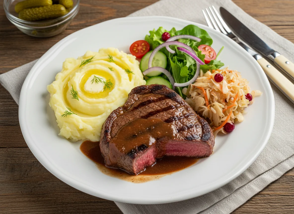 Мясной стейк с пюре и салатом photo