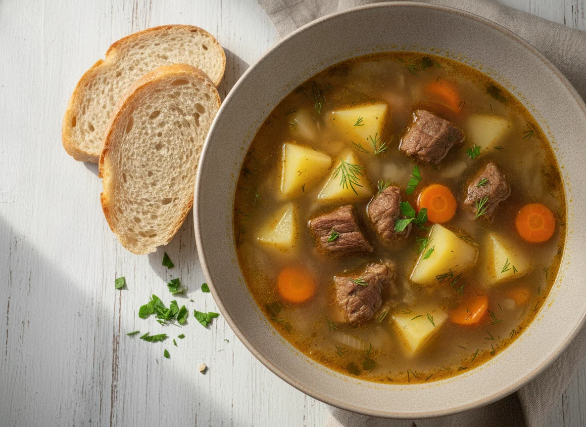 Мясной суп с картофелем и хлебом photo