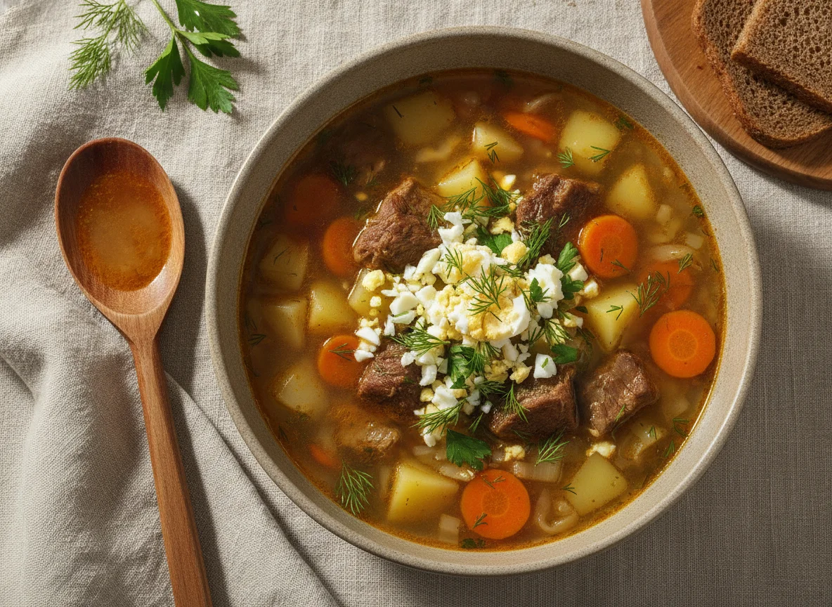 Мясной суп с овощами и яйцом photo