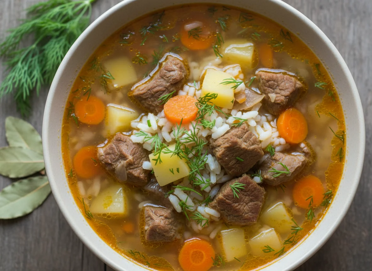 Мясной суп с рисом и овощами photo