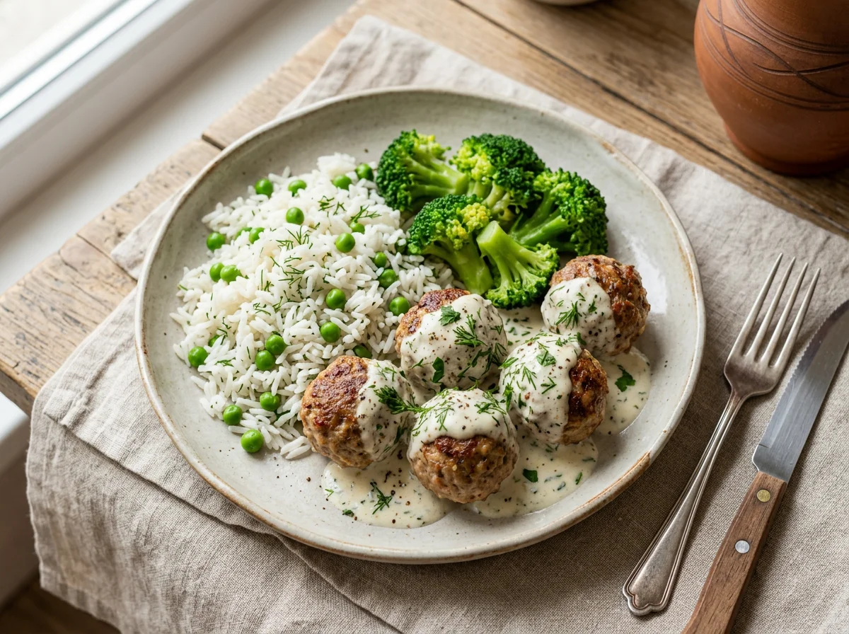 Мясные фрикадельки с рисом, брокколи и соусом photo