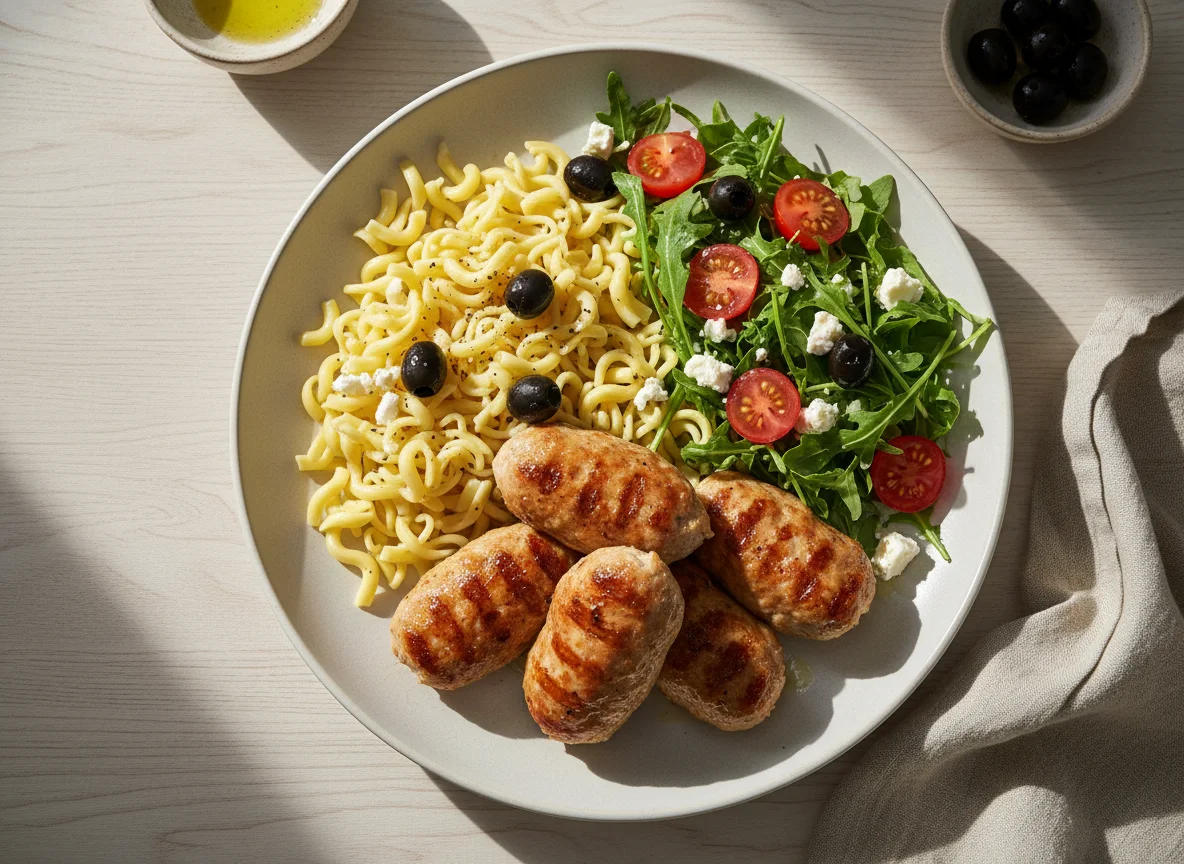 Мясные колбаски с лапшой и салатом photo