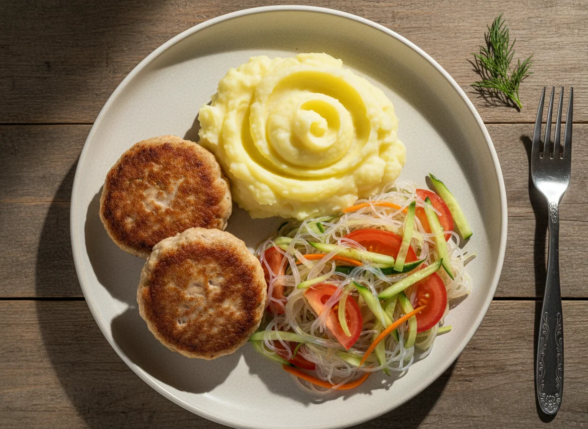 Мясные котлеты с картофельным пюре и фунчозой photo