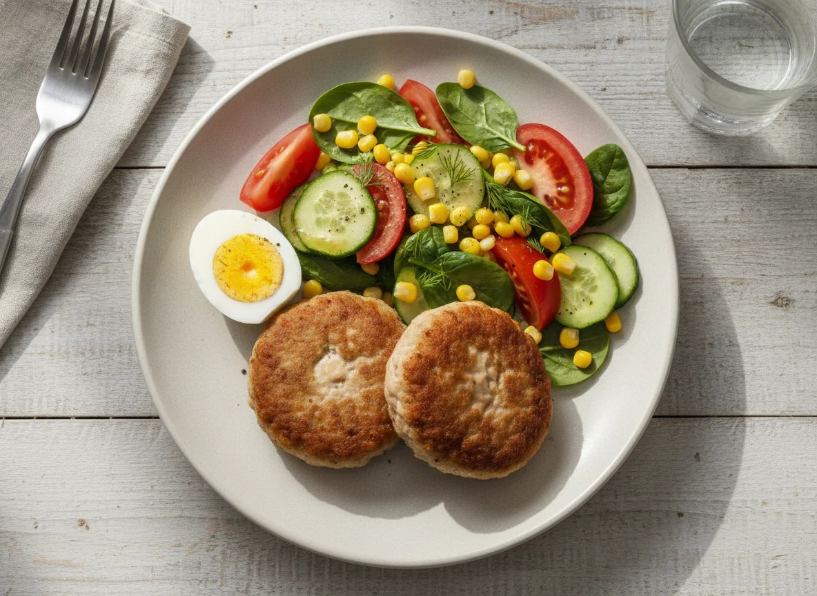 Мясные котлеты с овощным салатом и яйцами photo
