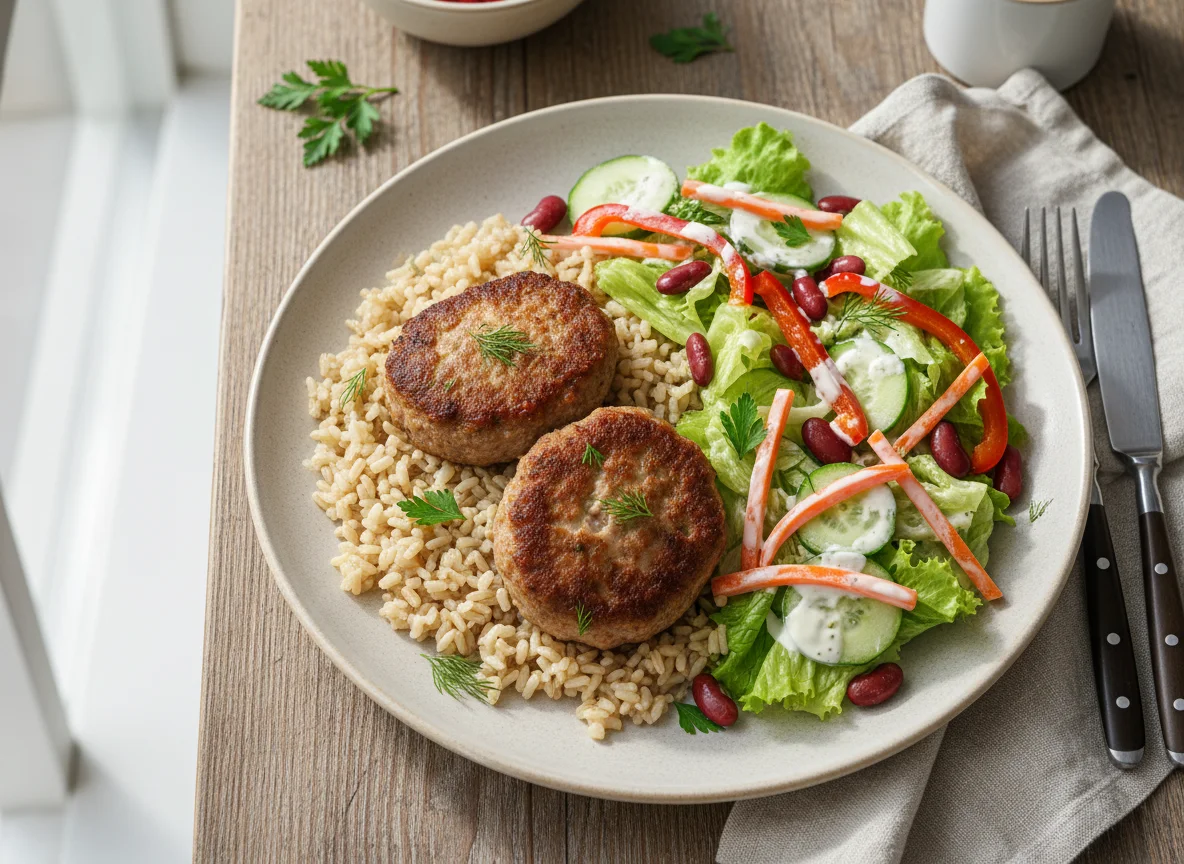 Мясные котлеты с рисом и овощным салатом photo