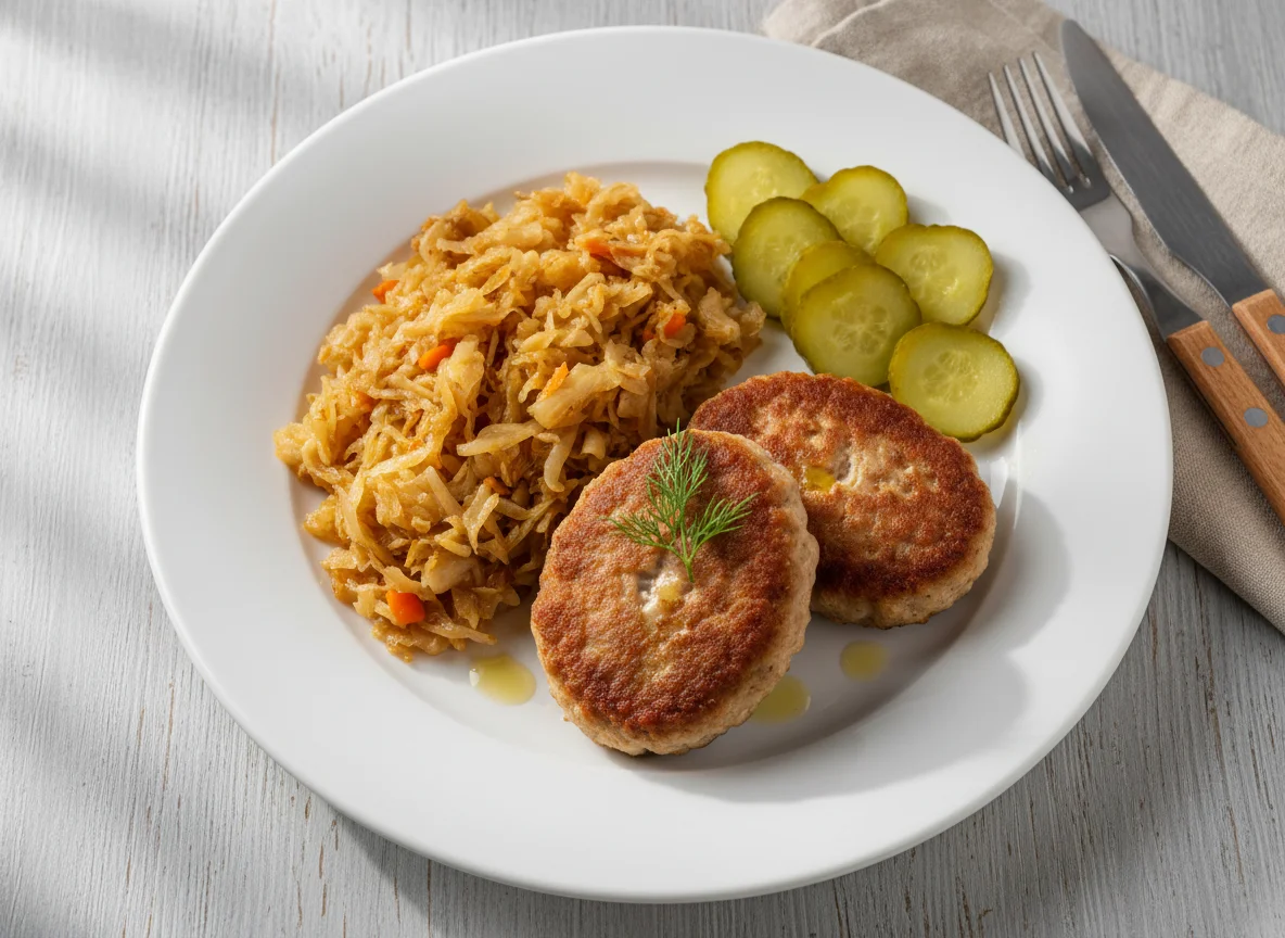 Мясные котлеты с тушеной капустой и огурцами photo