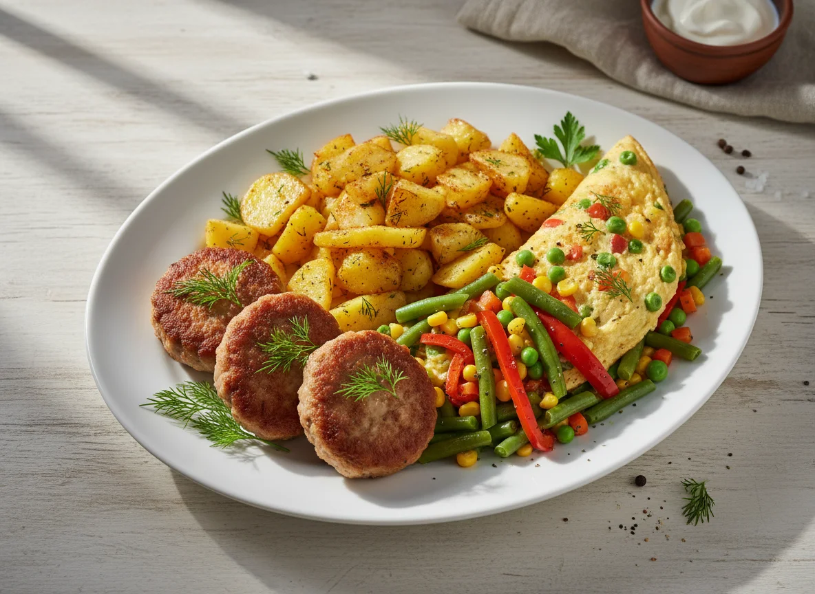 Мясные котлеты с жареным картофелем и овощным омлетом photo