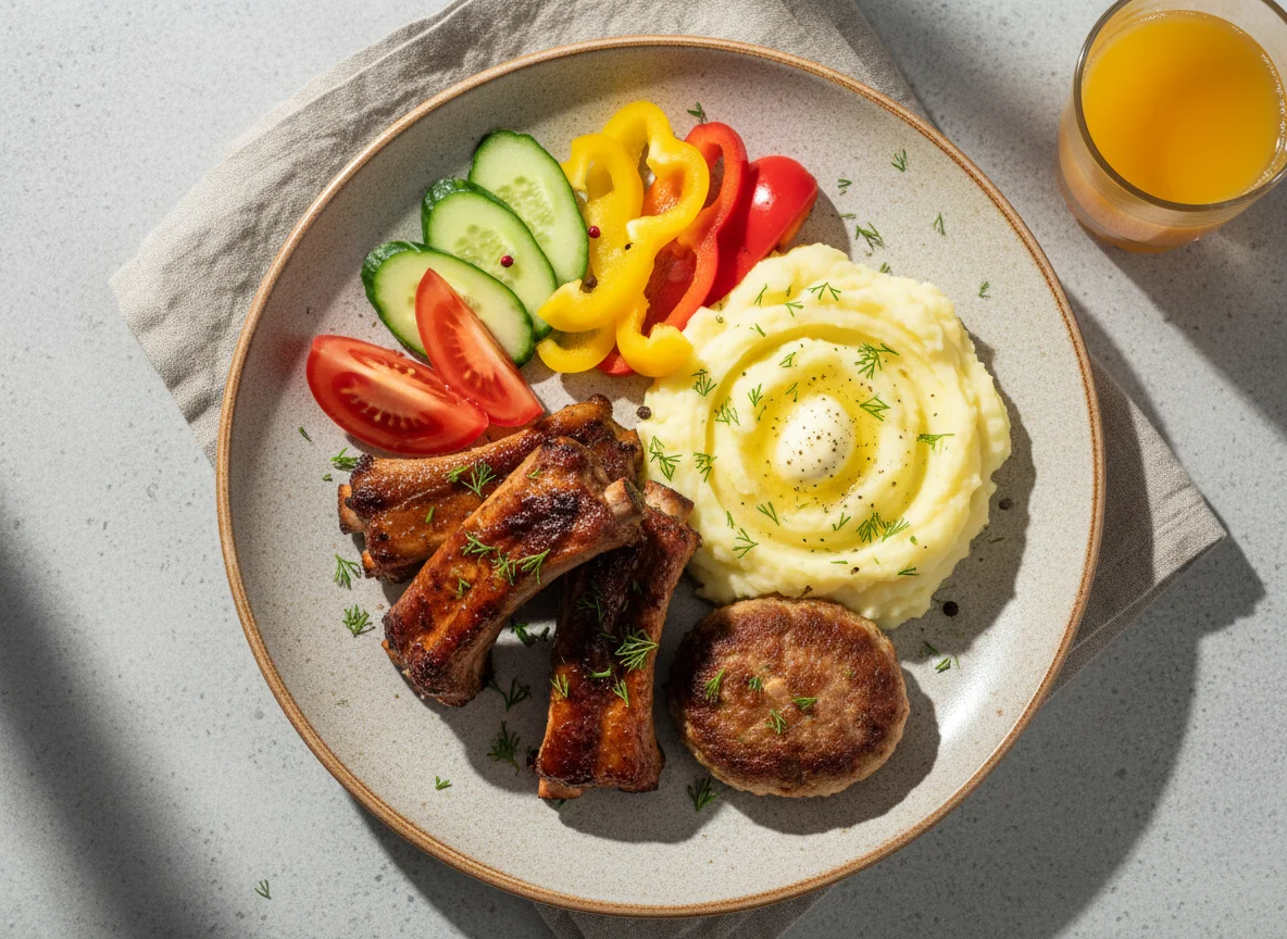 Мясные ребрышки с картофельным пюре и овощами photo
