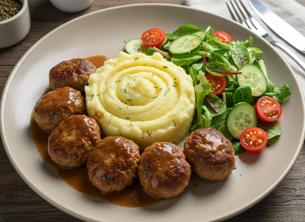 Мясные шарики с картофельным пюре и салатом photo