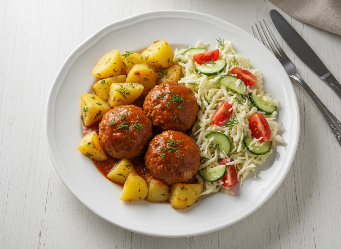 Мясные тефтели с картофелем и салат из капусты photo