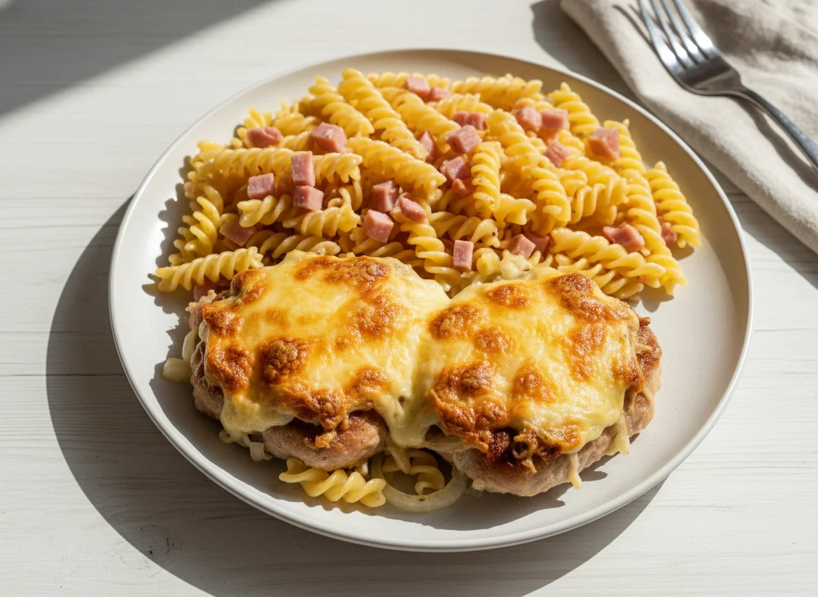 Мясо по-французски с гарниром из макарон photo
