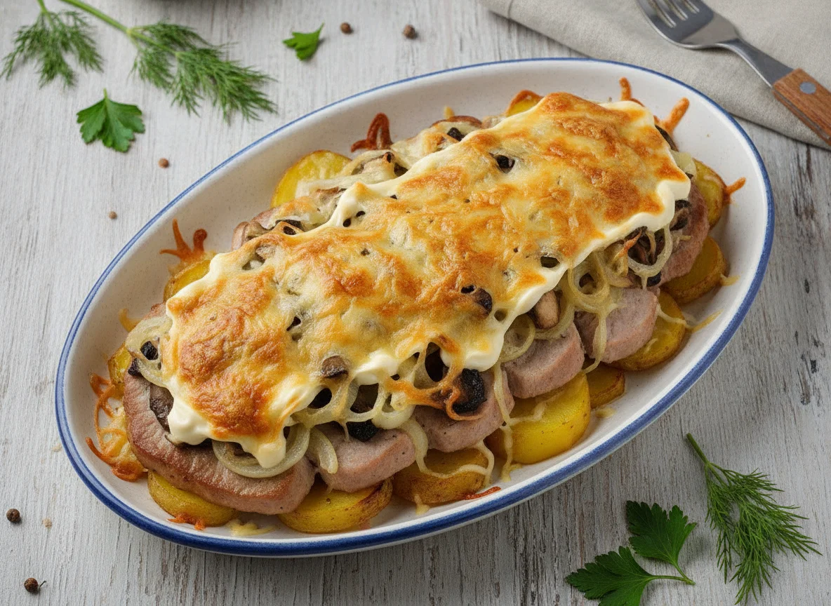 Мясо по-французски с картофелем и грибами photo