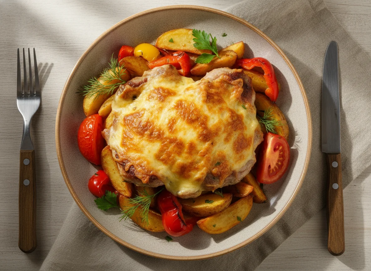 Мясо по-французски с картофелем и овощами photo
