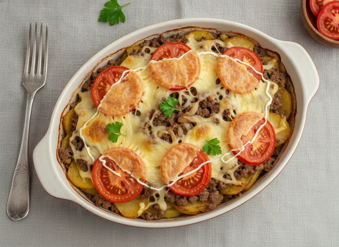 Мясо по-французски с картофелем и помидорами photo