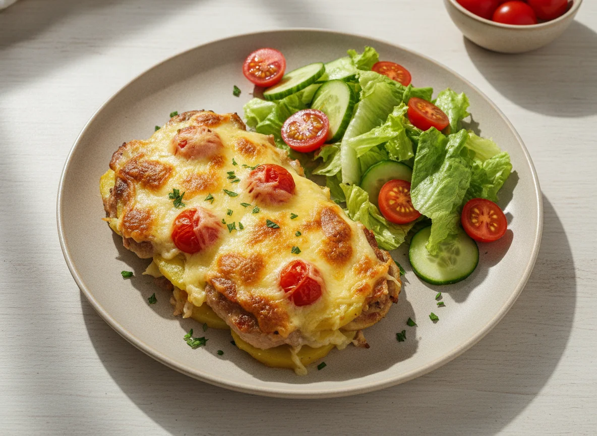 Мясо по-французски с овощным салатом photo