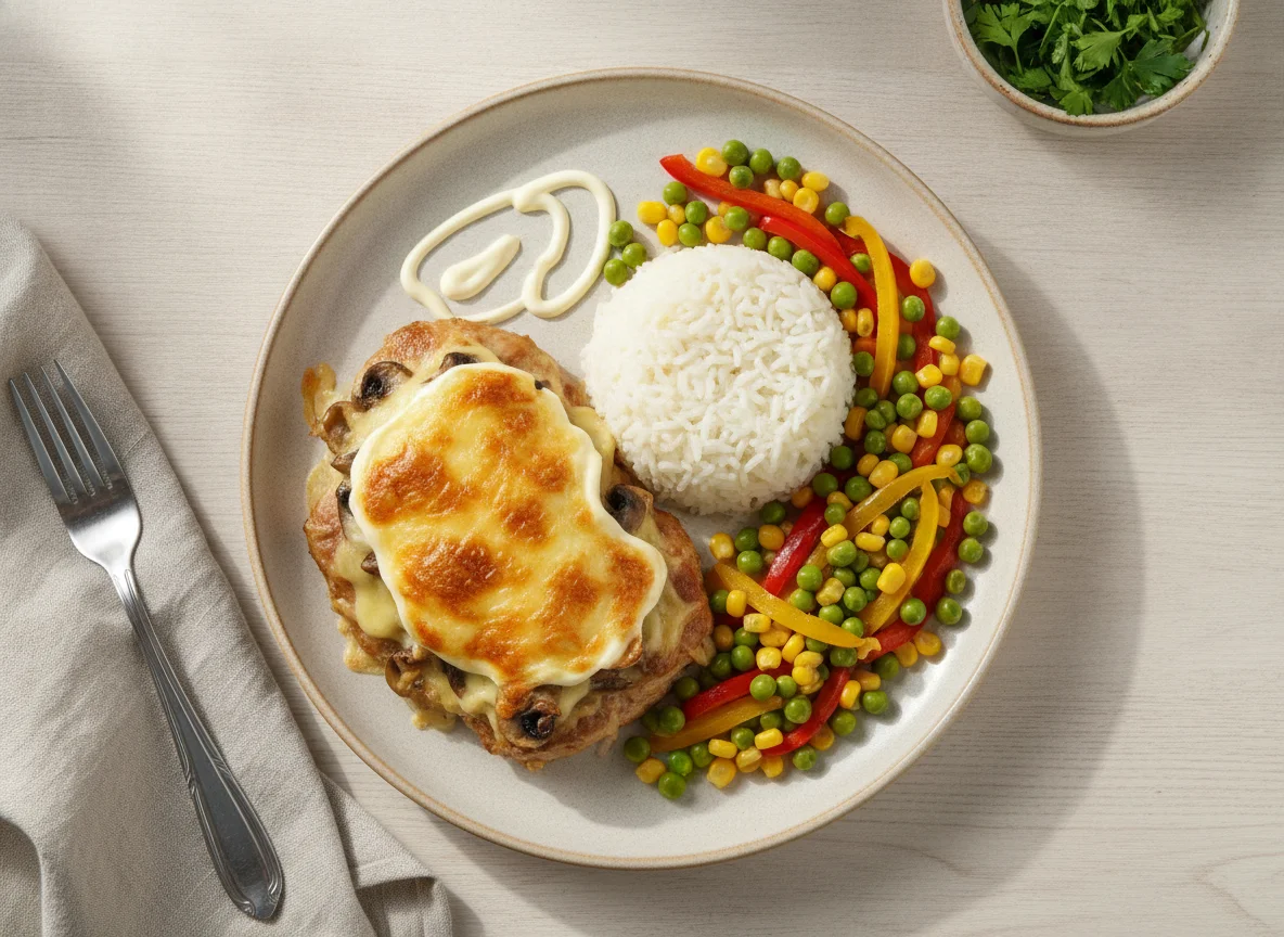 Мясо по-французски с рисом и овощами photo