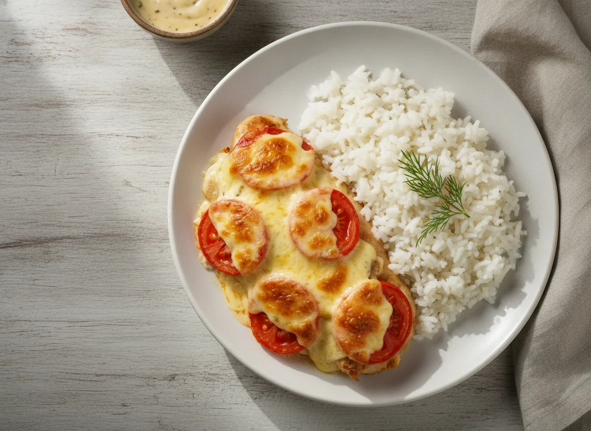 Мясо по-французски с рисом и соусом photo