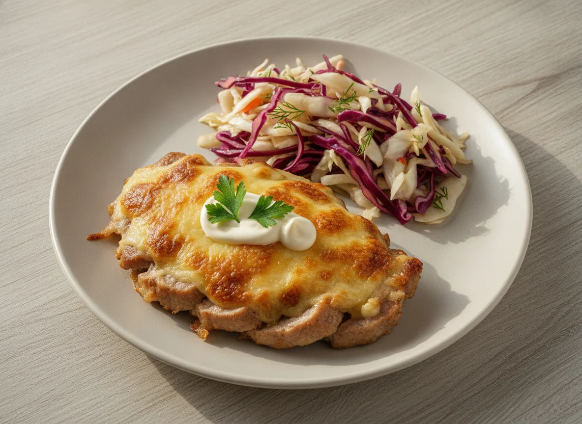 Мясо по-французски с салатом из капусты photo