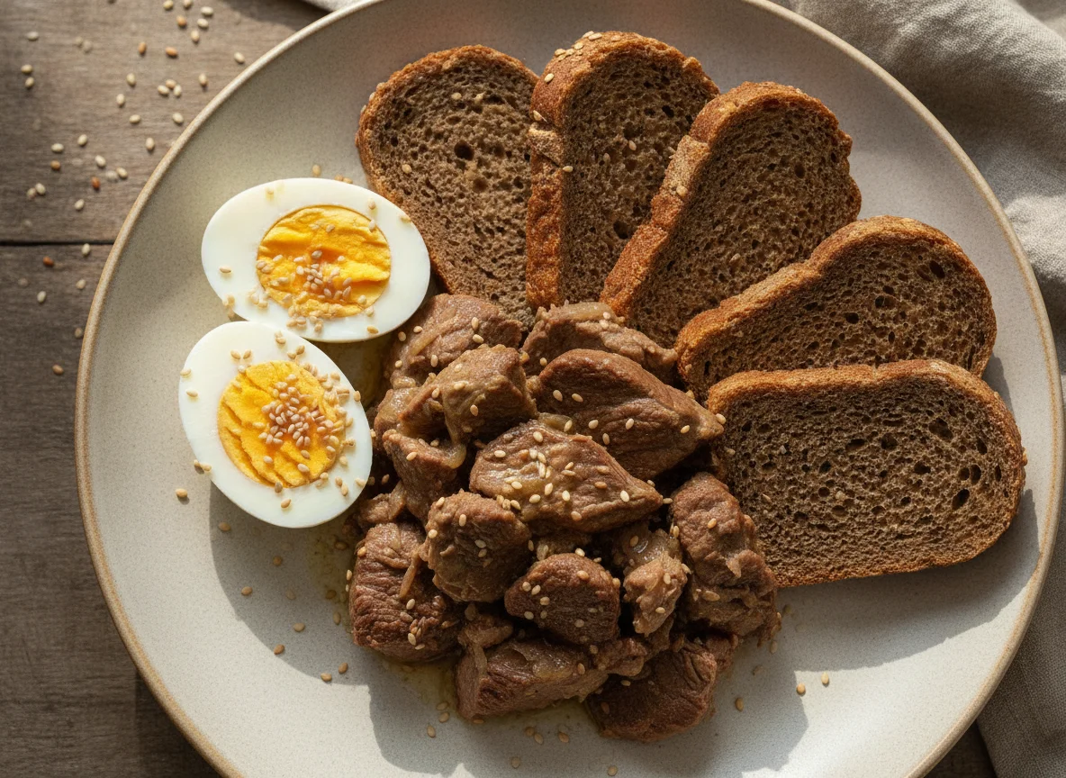 Мясо с яйцами и хлебом photo