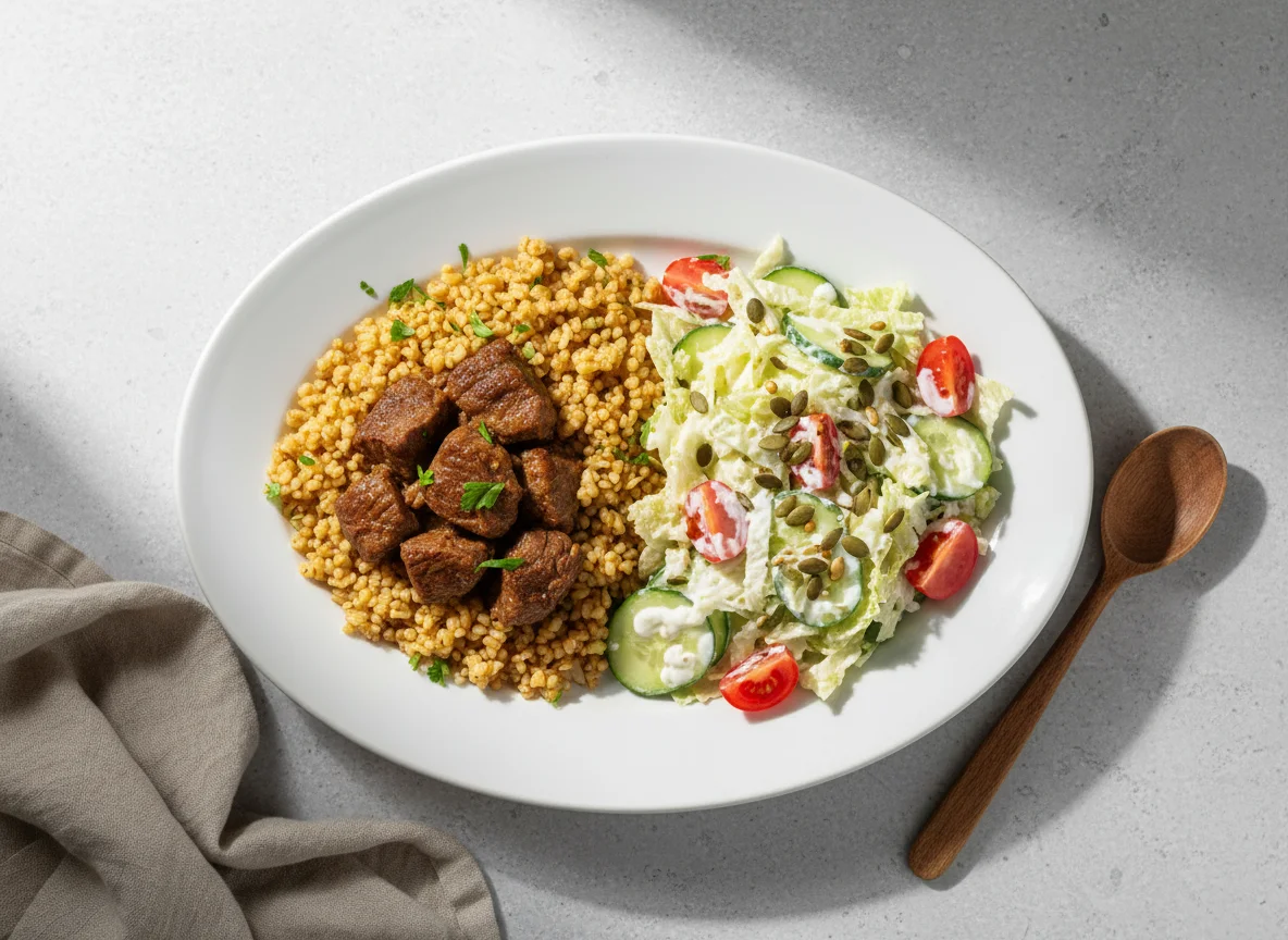 Мясо с булгуром и овощной салат photo