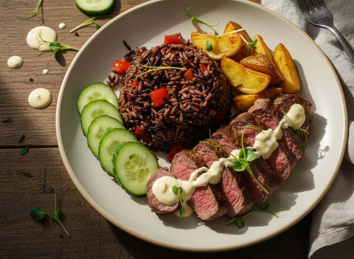 Мясо с гарниром из дикого риса и овощей photo