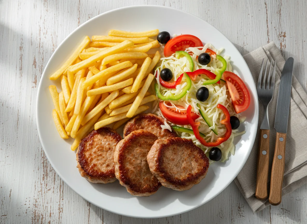 Мясо с картофелем фри и овощным салатом photo