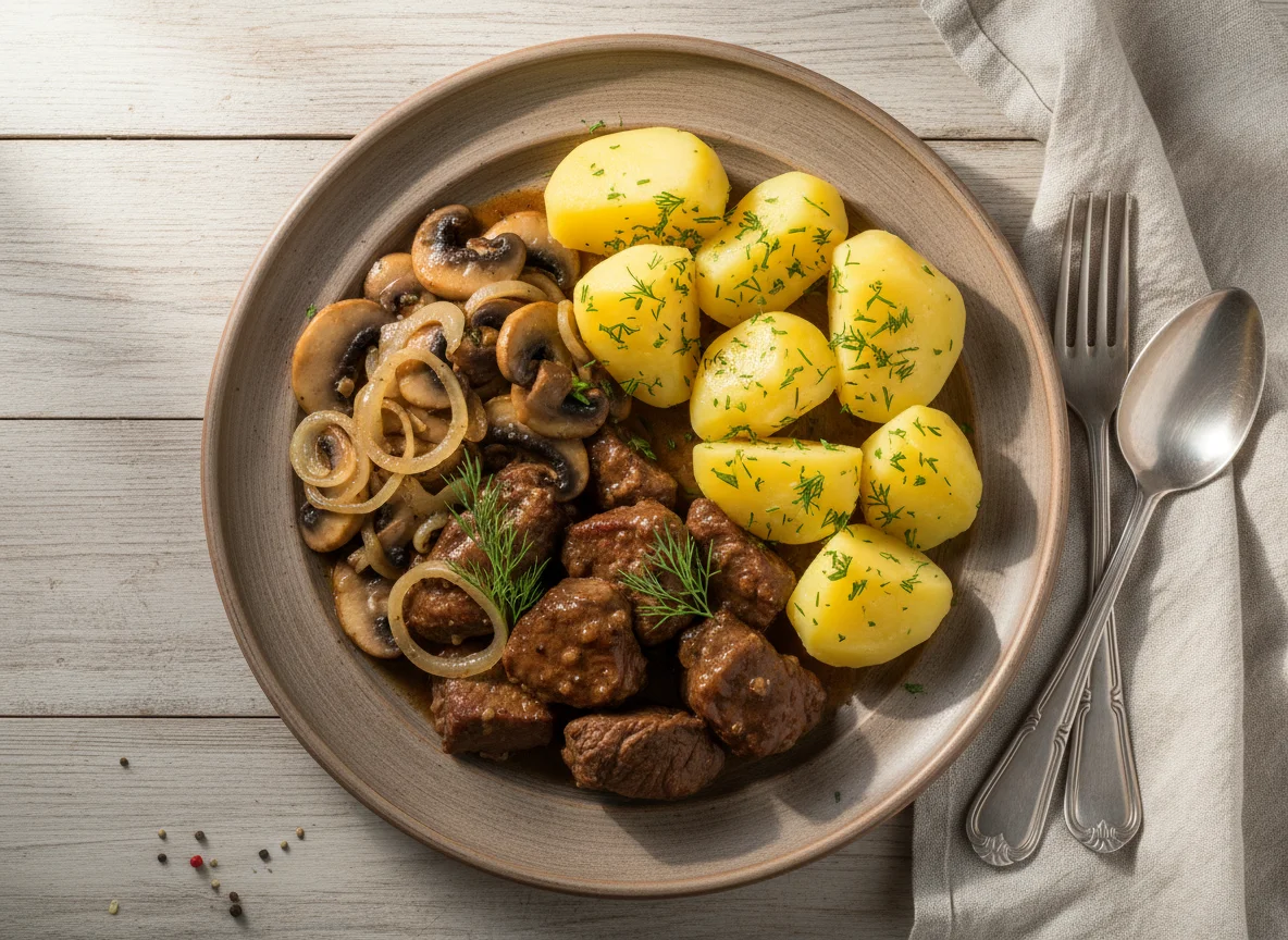 Мясо с картофелем и грибами photo