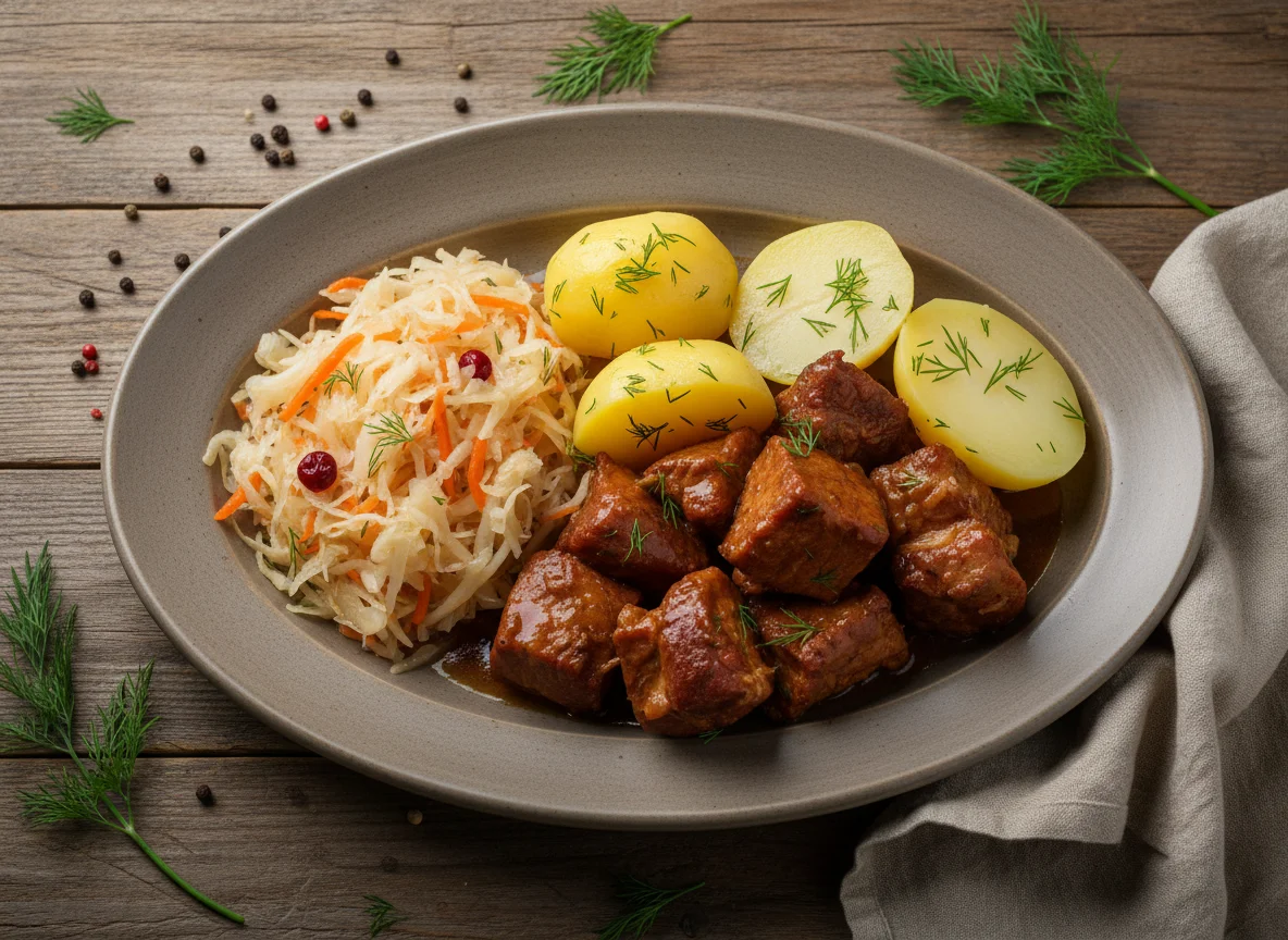 Мясо с картофелем и квашеной капустой photo