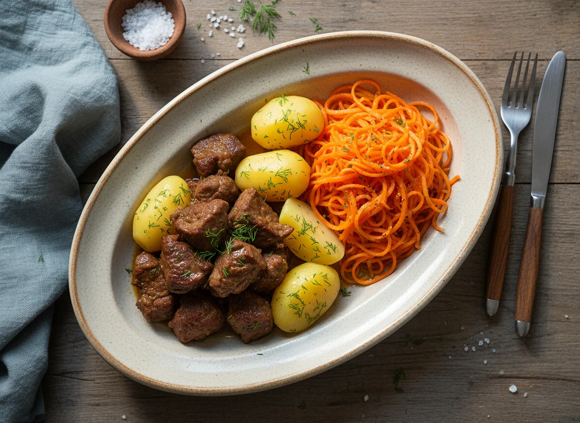 Мясо с картофелем и морковным салатом photo