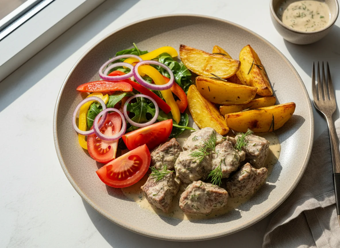 Мясо с картофелем и овощным салатом photo