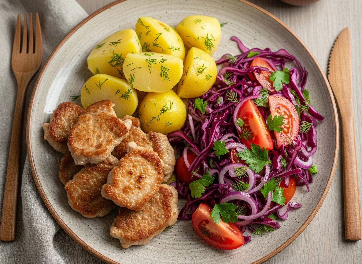 Мясо с картофелем и салатом из краснокочанной капусты photo