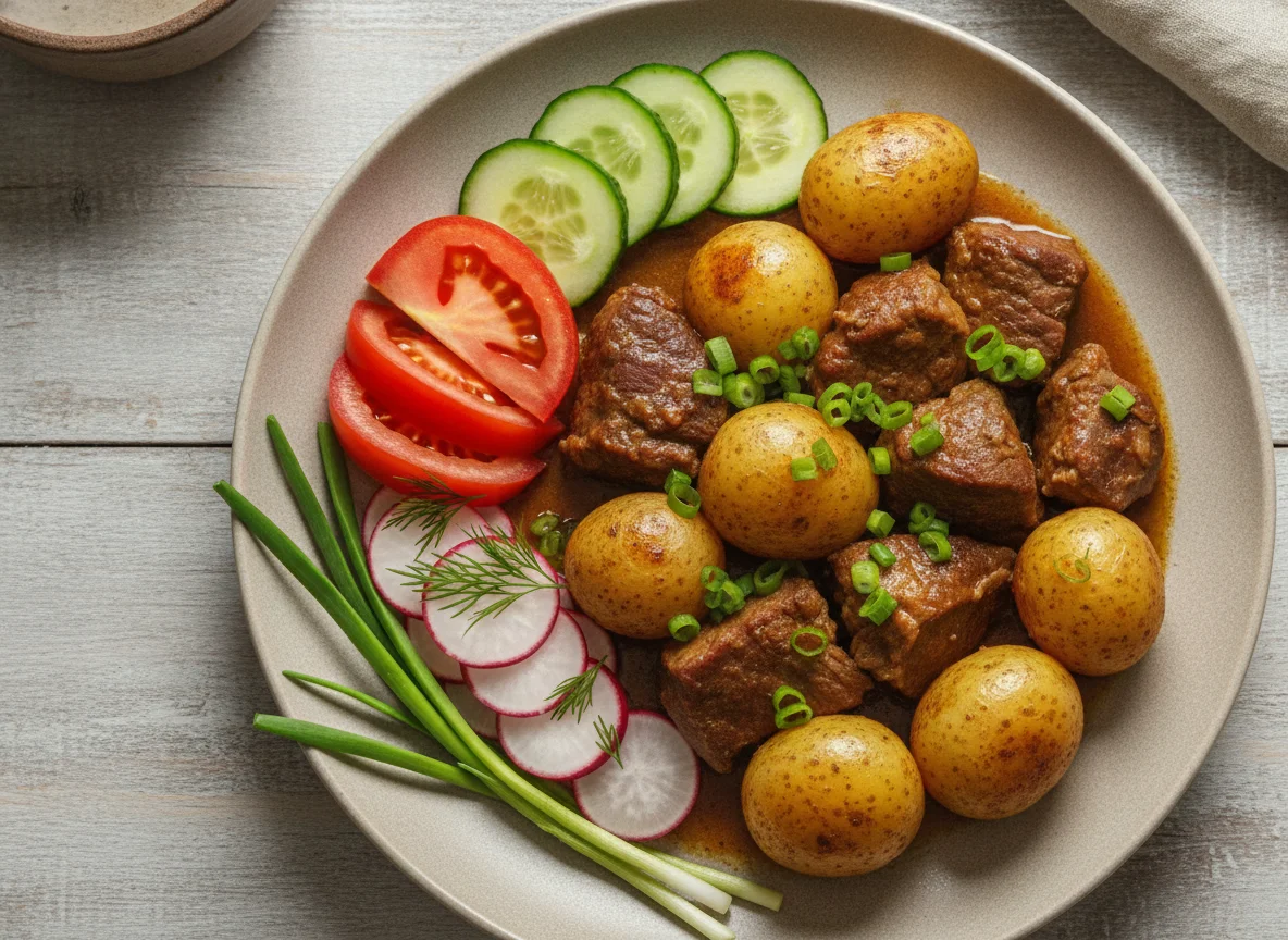 Мясо с картофелем и свежими овощами photo