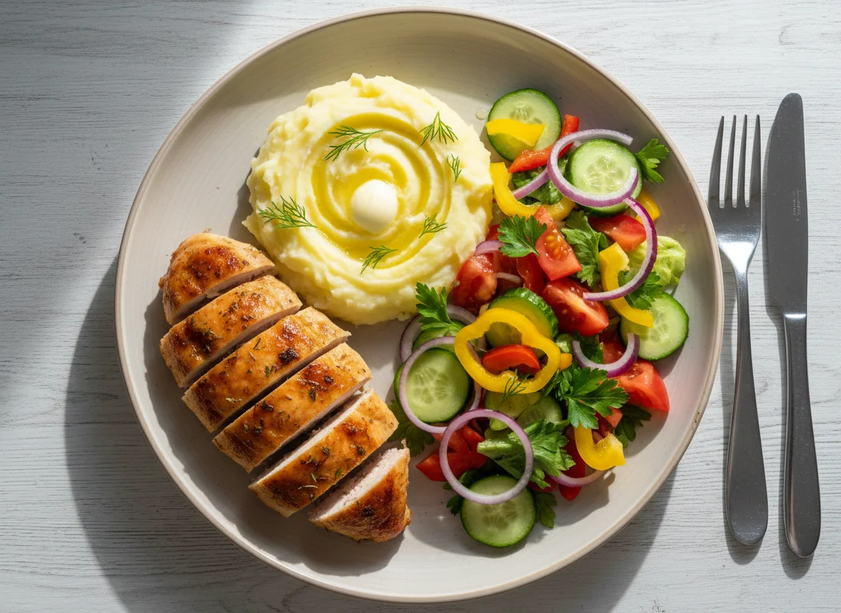 Мясо с картофельным пюре и овощным салатом photo