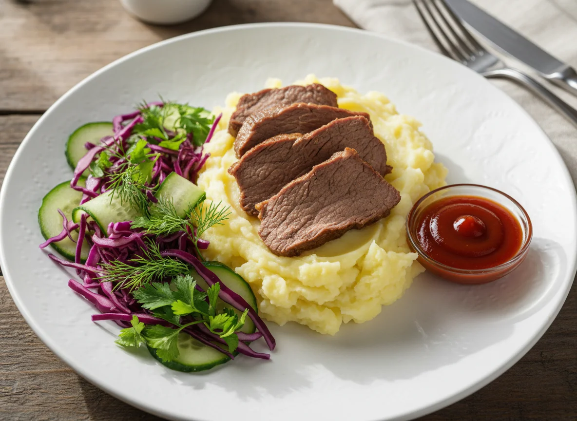 Мясо с картофельным пюре и салатом photo
