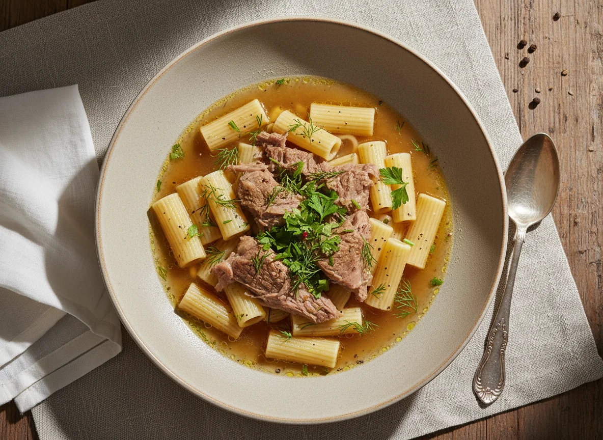 Мясо с макаронами и бульоном photo