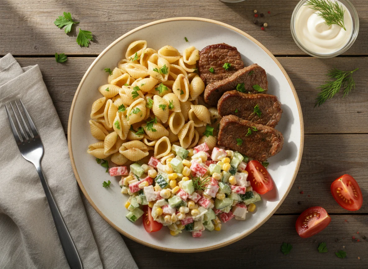 Мясо с макаронами и крабовым салатом photo