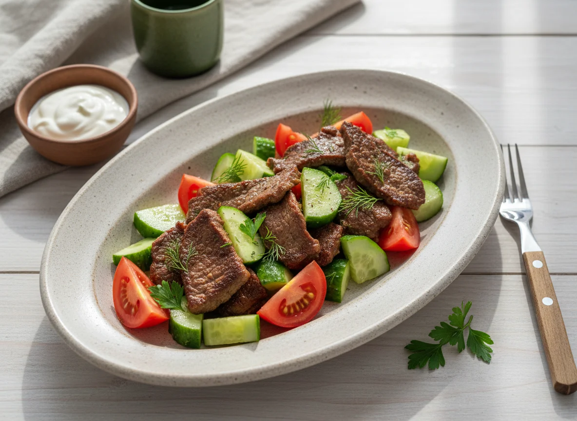 Мясо с огурцами и помидорами photo