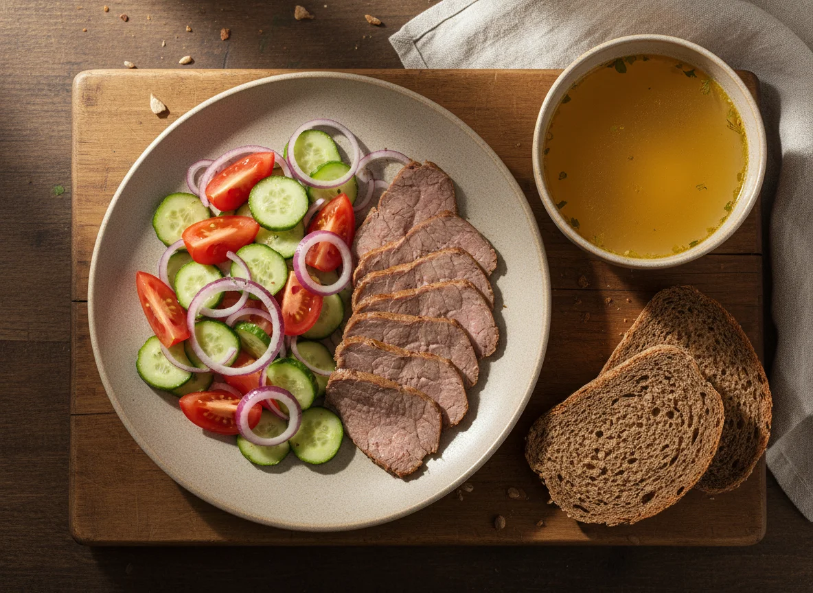 Мясо с овощным салатом и хлебом photo