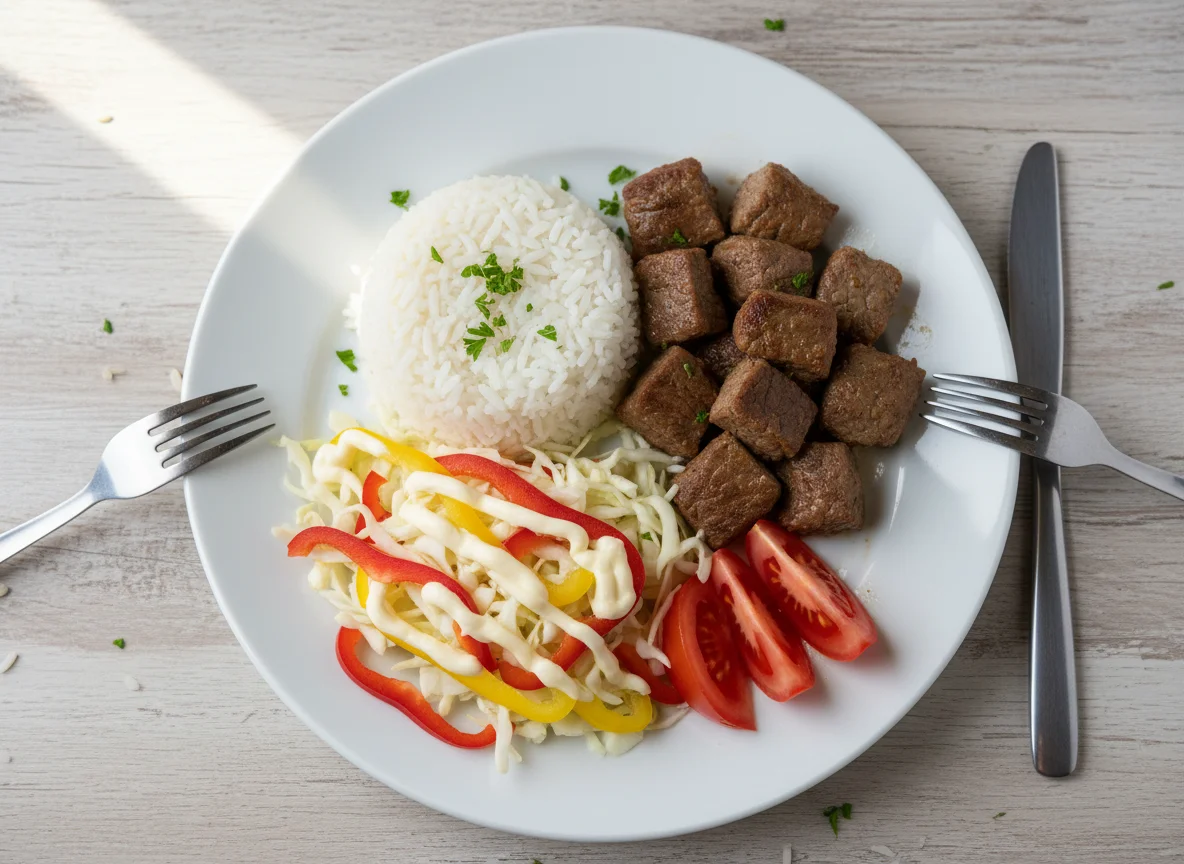 Мясо с рисом и овощным салатом photo