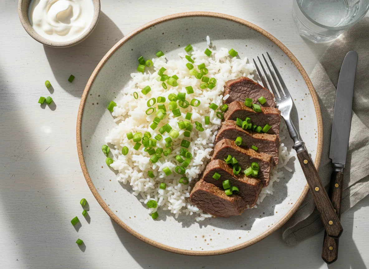 Мясо с рисом и зеленым луком photo