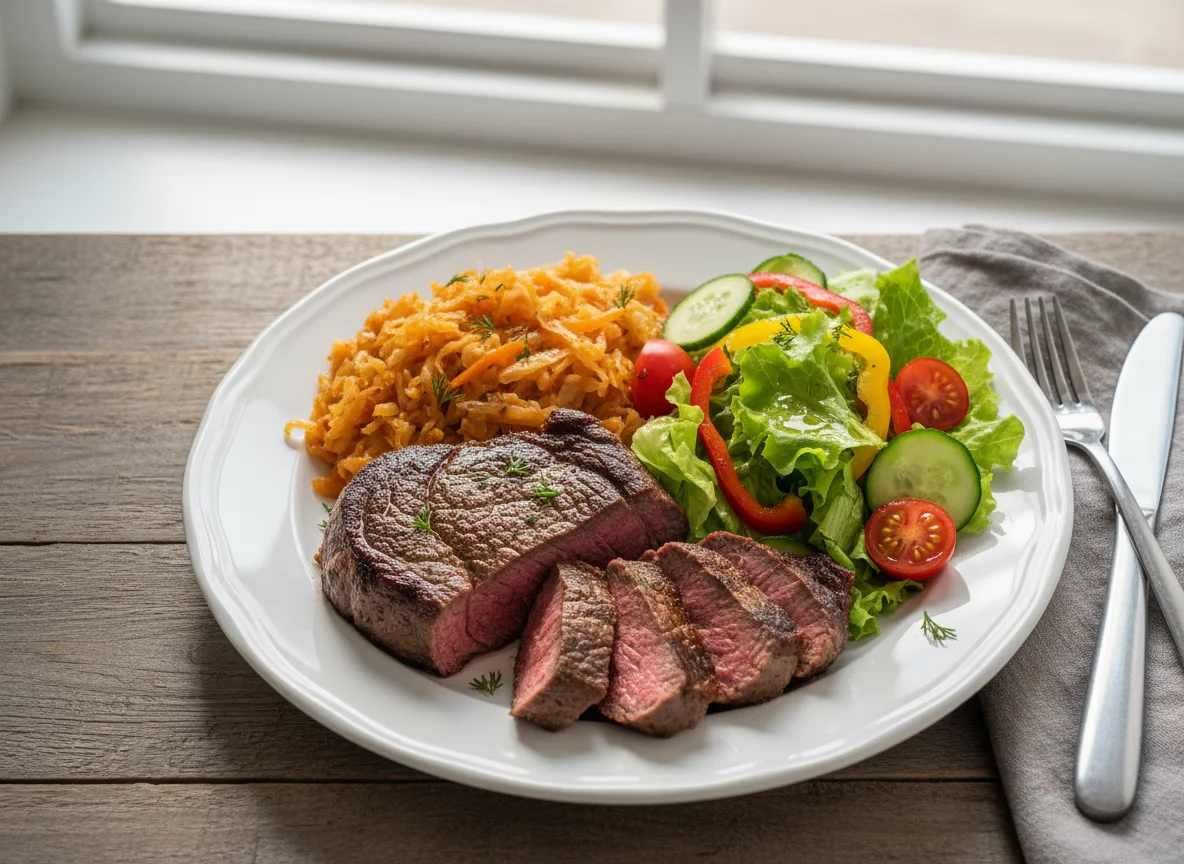 Мясо с тушеной капустой и овощным салатом photo