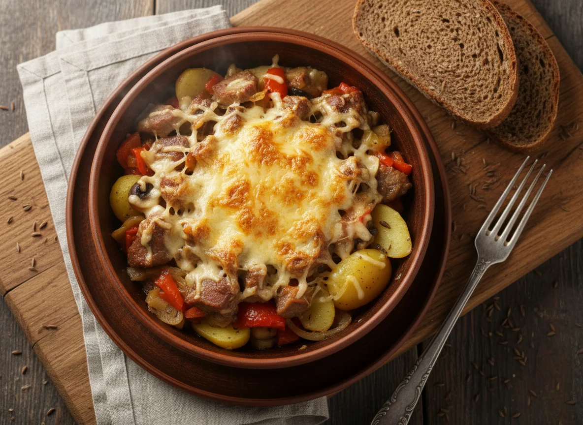 Мясо с тушеными овощами, сыром и хлебом photo